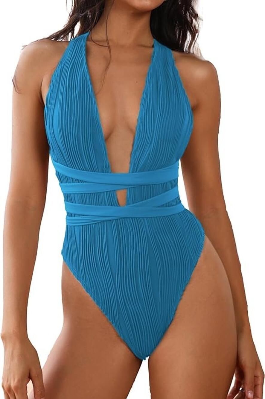 ZAFUL Women's One Piece Swimsuit Deep V Neck Ribbed Self Tie Deep Blue XL